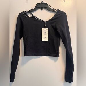 Zara Black Long-Sleeve Cropped Top with Rhinestone Trim